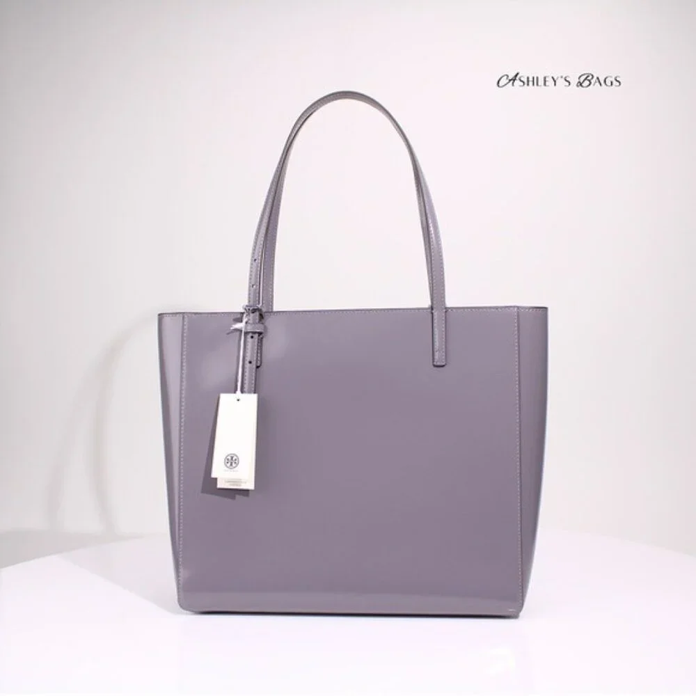 Tory Burch Large Patent Leather Emerson Tote In Grey